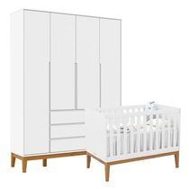 Berço Americano Unique E Guarda Roupa 4 Portas Nature Clean Branco Soft Eco Wood - Matic