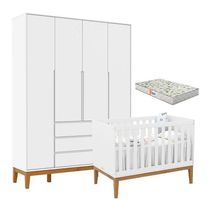 Berço Americano Unique E Guarda Roupa 4 Portas Nature Clean Branco Soft Eco Wood Com Colchão Gazin