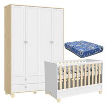 Berço Americano E Guarda Roupa Infantil 4 Portas Rope Natural Branco Acetinado Com Colchão - Matic