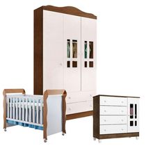 Quarto De Bebê Ariel 3 Portas Com Berço Mirelle Branco Acetinado Amadeirado - Carolina