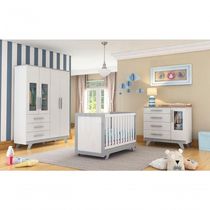 Quarto Bebê Infantil Retrô 100% Mdf Com Guarda Roupa, Cômoda E Berço Minicama Branco-cinza - Peroba