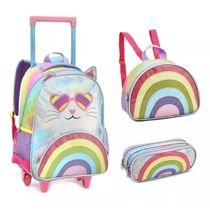 Kit Mochila Estojo E Lancheira Gatinho Arco Iris Rosa Denlex