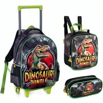 Kit Mochila De Rodinhas + Lancheira Térmica + Estojo Menino Dinossauro Rex Denlex