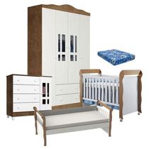 Quarto De Bebê Ariel 4 Portas Berço Mirelle Com Colchão E Cama Babá Julia Branco Acetinado Amadeirado