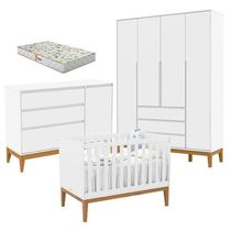 Quarto De Bebê Nature Clean 4 Portas Com Berço Unique Branco Soft Eco Wood E Colchão Gazin - Matic