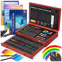 Kit Lápis de Cor Profissional com Maleta de Madeira 150 peças Tintas Acrílicas, Aquarela, IBAYAM, Marrom