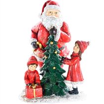 Papai Noel Decoração Natalina de Resina com Crianças e Árvore Iluminada Estatua de Luxo 20 cm -