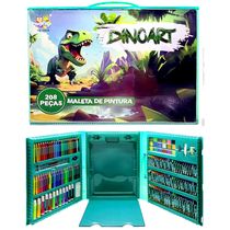 Estojo Maleta para Colorir de Dinossauro Desenhos Lápis Canetinha Aquarela Giz 208pçs