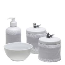 Potes, Molhadeira e Porta Álcool-Gel Com Capa Passarinho Prata