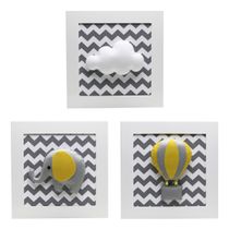 Trio De Quadros Elefante Balão Cinza