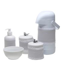 Potes, Garrafa, Molhadeira e Porta Álcool-Gel Com Capa Passarinho Prata
