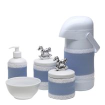 Potes, Garrafa, Molhadeira e Porta Álcool-Gel Com Capa Cavalinho Prata