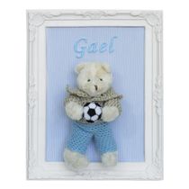 Porta Maternidade Quadro Urso Bege Roupa de Crochê e Bola de Futebol