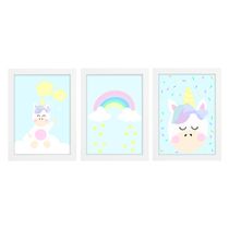 Trio De Quadros Branco Com Vidro Unicórnio