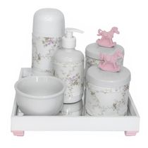 Kit Higiene Espelho Completo Porcelanas, Garrafa Pequena e Capa Cavalinho Rosa