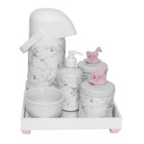 Kit Higiene Espelho Completo Porcelanas, Garrafa e Capa Cavalinho Rosa