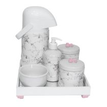 Kit Higiene Espelho Completo Porcelanas, Garrafa e Capa Flor de Liz Rosa