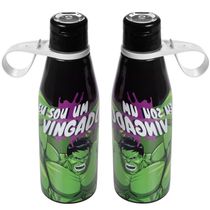 2 Garrafinhas de Água para Crianças Tampa Abre Fácil Estampa Heroi Huk Plasútil 530ml