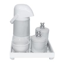 Kit Higiene Espelho Potes, Garrafa, Molhadeira e Capa Ursinho Prata