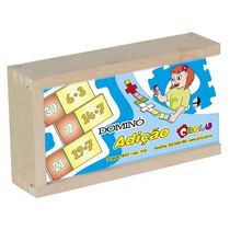 DOMINÓ ADIÇÃO 28 PEÇAS MADEIRA CAIXA COM TAMPA EDUCATIVO