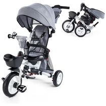 Triciclo Infantil Dobrável 7 em 1 com Alça Ajustável, Arnês de Segurança, Freios de Roda, Capota Removível e Armazenamento, JMMD, Cinza