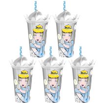 Kit 5 Copos 500ml Estampa Cinderela Princesa com Canudo e Tampa Coroa Lembrança Festa