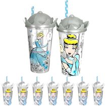Kit 15 Copos 500ml Estampa Cinderela Princesa com Canudo e Tampa Coroa