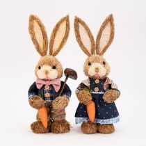 Casal de Coelhos de Páscoa Palha Coelhinhos Azul Escuro 35cm