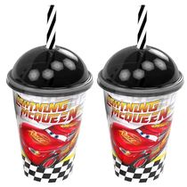 2 Copos com Canudo e Tampa Estampa do Carros Relâmpago Mcqueen 280ml Plasúitl