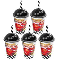 5 Copos 280ml Com Canudo e Tampa do Carros Mcqueen Lembrança Decoração de Festa