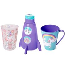 Kit Unicórnio para Meninas com Copo Garrafa Foguete e Caneca com Alça