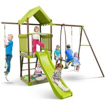 Playground Infantil de Metal com Corda de Escalada, Caixa de Areia, Planador para 2 Pessoas e Escorregador, HONEY JOY, Verde