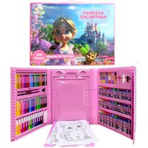 Maleta de Colorir Princesa Encantada Estojo Completo Tintas Lápis Canetinha Giz 208pçs