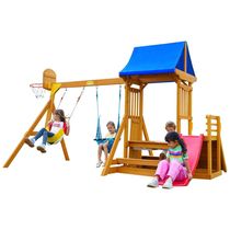 Playground Infantil de Madeira com Mesa de Piquenique, Cesta de Basquete, Escorregador de Ondas, 2 Balanços e Parede de Escalada, SuniBoxi, Amarelo e