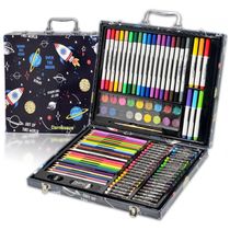 Kit Lápis de Cor Profissional com Maleta de Madeira 132 peças Tintas Acrílicas, Aquarela, DARNASSUS 132PAPERARTSSET, Preto