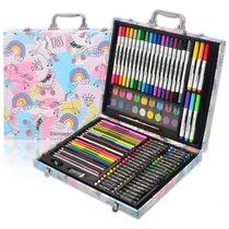 Kit Lápis de Cor Profissional com Maleta de Madeira 132 peças Tintas Acrílicas, Aquarela, Colorido, DARNASSUS 132PAPERARTSSET, Branco