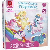 Quebra Cabeça Progressivo Unicórnios 20 Peças Feito em Madeira