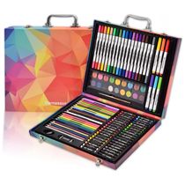 Kit Lápis de Cor Profissional com Maleta de Madeira 132 peças Tintas Acrílicas, Aquarela, Colorida, DARNASSUS 132PAPERARTSSET, Rosa