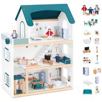 Casa de Bonecas de Madeira com Elevador, 21 Peças de Móveis, 4 Bonecas e 1 Animal de Estimação para Crianças de 3 a 12 Anos, TookyToy, Verde e Branco