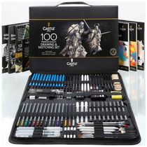 Kit Lápis de Cor Profissional com Maleta 100 peças Tintas Acrílicas, Aquarela, Castle Art Supplies