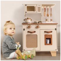 Cozinha Educativa de Brinquedo ROBUD Kids, Modelo Mocha Montessori em Madeira com Dispensador de Gelo, Acessórios para Crianças de 3 a 8 Anos