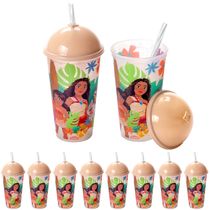 20 Copos Estampados Moana 500ml para meninas com Tampa e Canudo Plasútil