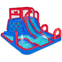 Parque Aquático Inflável até 204 kg com Parede de Escalada, 2 Escorregadores, Piscina Splash e Profunda, Sunny Fun, Azul e Vermelho