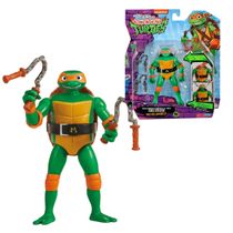Boneco Colecionável Michelangelo Tartarugas Ninja com Cabeça Retrátil, Articulado e com Acessórios – 11cm de Altura, Produto Licenciado
