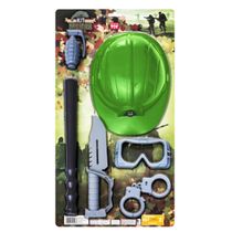 CONJUNTO MILITAR  C/CAPACETE, ALGEMA, OCULOS DE PROTEÇAO, GRANADA, BASTAO E FACA 0517
