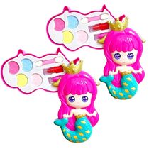 2 Estojos de Maquiagem Infantil Sereia com Anvisa Brinquedo Batom Sombra Aplicável