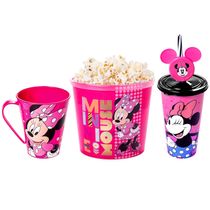 Kit 3 em 1 Pote Balde de Pipoca Caneca e Copo Estampado Orelhas Canudo Minnie Rosa