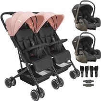 Carrinho Kiddo para Gemeos com 2 Bebe Conforto Mascote Rosa