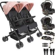Carrinho Kiddo Gemeos 2 Bebe Conforto 2 Base ISOFIX Mascote Rosa