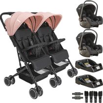Carrinho Kiddo Gemeos com 2 Bebe Conforto 2 Base Mascote Rosa